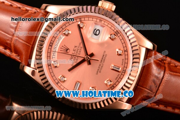 Rolex Day-Date Asia 2813/Swiss ETA 2836/Clone Rolex 3135 Automatic Rose Gold Case with Diamonds Markers and Pink Dial (BP) - Click Image to Close